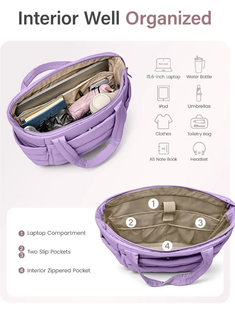 👜Women's Lavender Quilted Puffer Tote Bag Zipper Work Bag With Compartments